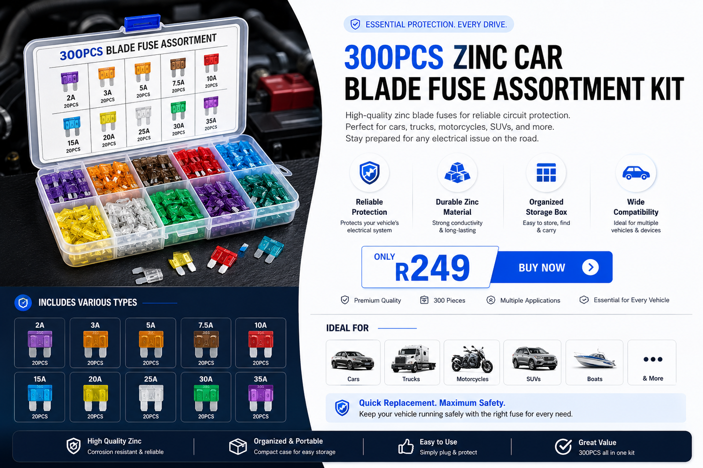 300pcs Zinc Car Blade Fuse Assortment Ki